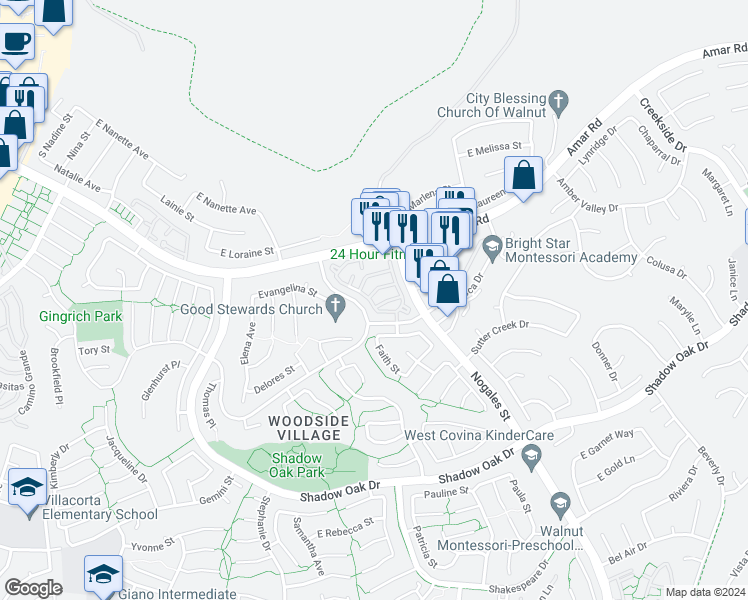 map of restaurants, bars, coffee shops, grocery stores, and more near 2208 Calle Puebla in West Covina