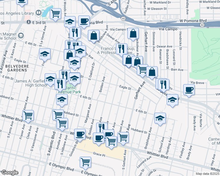 map of restaurants, bars, coffee shops, grocery stores, and more near 5535 Eagle Street in East Los Angeles