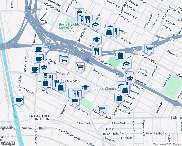 map of restaurants, bars, coffee shops, grocery stores, and more near 1117 Euclid Avenue in Los Angeles