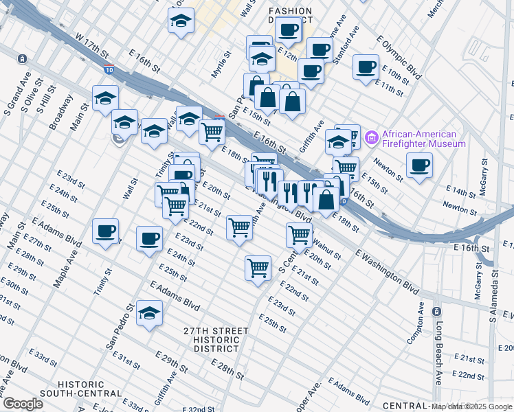 map of restaurants, bars, coffee shops, grocery stores, and more near 846 East Washington Boulevard in Los Angeles