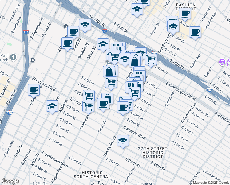 map of restaurants, bars, coffee shops, grocery stores, and more near 2221 1/2 Trinity Street in Los Angeles