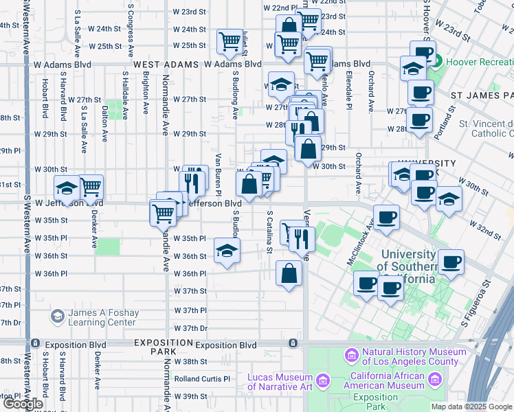 map of restaurants, bars, coffee shops, grocery stores, and more near 3112 Walton Avenue in Los Angeles