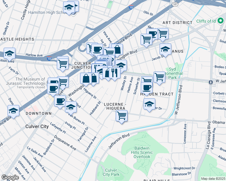 map of restaurants, bars, coffee shops, grocery stores, and more near 8885 Carson Street in Culver City