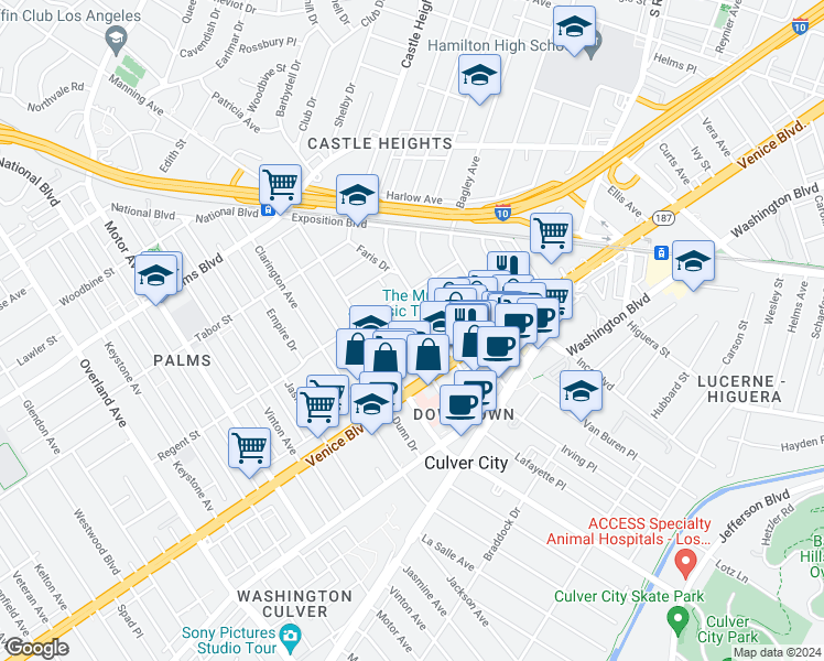 map of restaurants, bars, coffee shops, grocery stores, and more near 3730 Watseka Avenue in Los Angeles