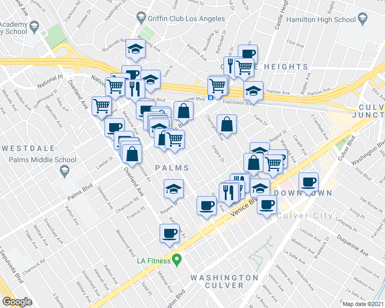 map of restaurants, bars, coffee shops, grocery stores, and more near 10203 Tabor Street in Los Angeles