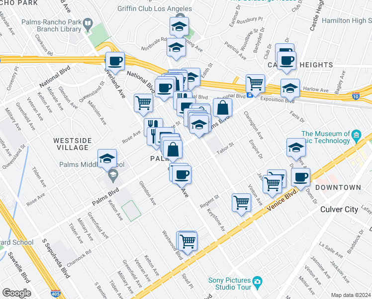 map of restaurants, bars, coffee shops, grocery stores, and more near 10509 Palms Boulevard in Los Angeles