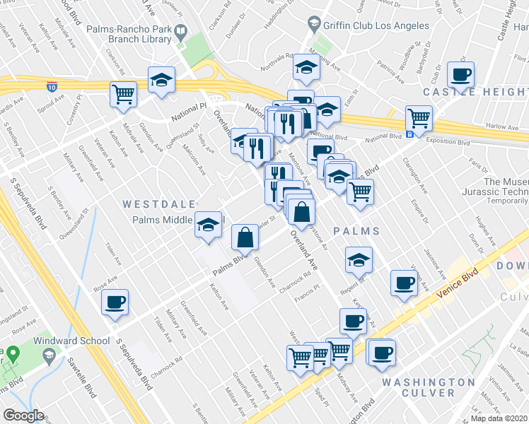 map of restaurants, bars, coffee shops, grocery stores, and more near 3385 Overland Avenue in Los Angeles