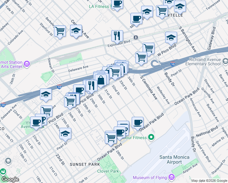 map of restaurants, bars, coffee shops, grocery stores, and more near 3130 Pico Boulevard in Santa Monica