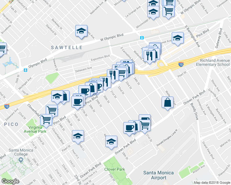 map of restaurants, bars, coffee shops, grocery stores, and more near 3130 Pico Boulevard in Santa Monica