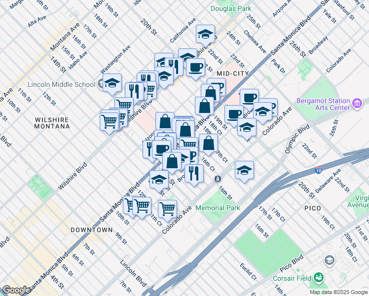 map of restaurants, bars, coffee shops, grocery stores, and more near 1614 Santa Monica Boulevard in Santa Monica