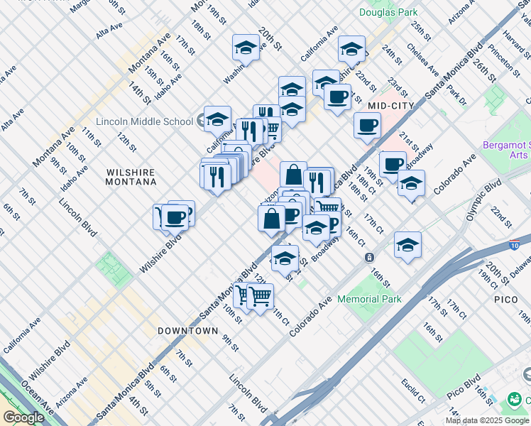 map of restaurants, bars, coffee shops, grocery stores, and more near in Santa Monica