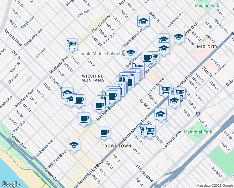 map of restaurants, bars, coffee shops, grocery stores, and more near in Santa Monica