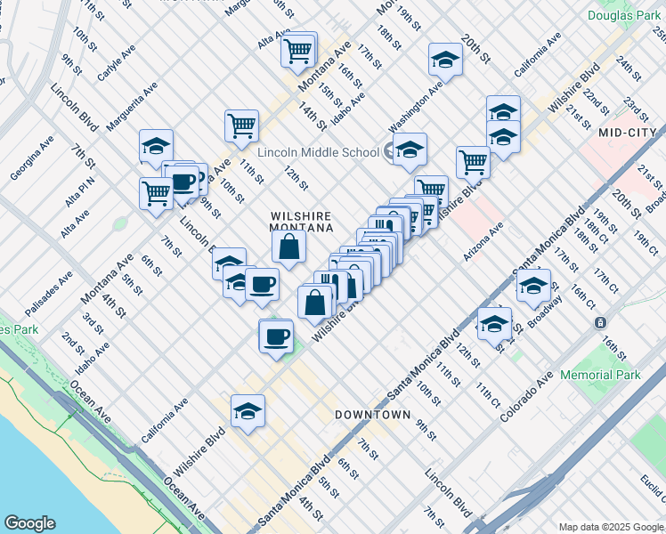 map of restaurants, bars, coffee shops, grocery stores, and more near 1042 11th Street in Santa Monica