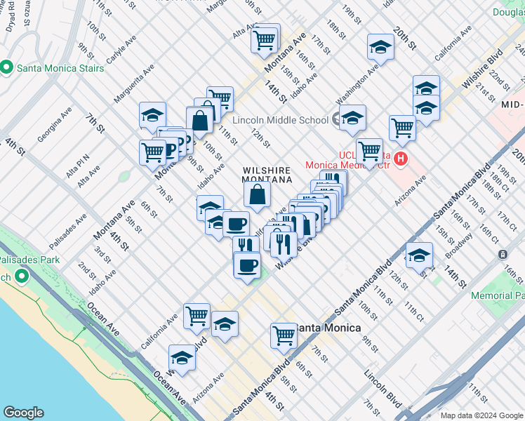 map of restaurants, bars, coffee shops, grocery stores, and more near 1018 10th Street in Santa Monica