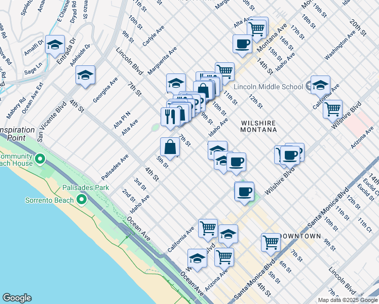 map of restaurants, bars, coffee shops, grocery stores, and more near in Santa Monica