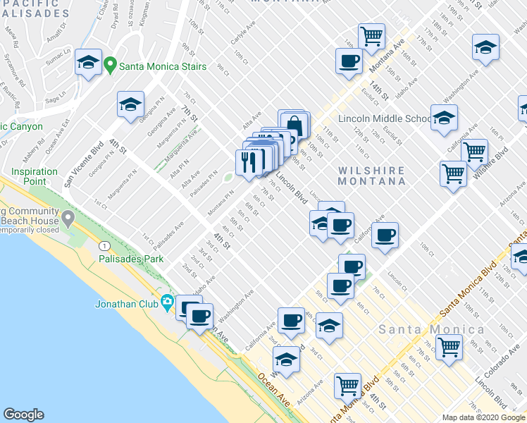 map of restaurants, bars, coffee shops, grocery stores, and more near 822 7th Street in Santa Monica
