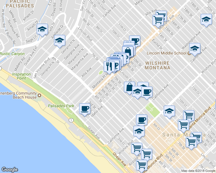 map of restaurants, bars, coffee shops, grocery stores, and more near 529 Montana Avenue in Santa Monica