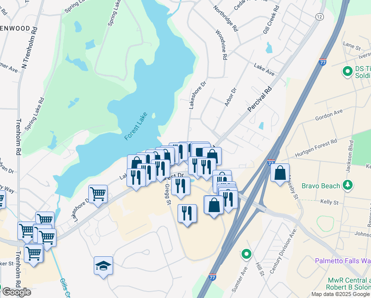map of restaurants, bars, coffee shops, grocery stores, and more near 5608 Lakeshore Drive in Columbia