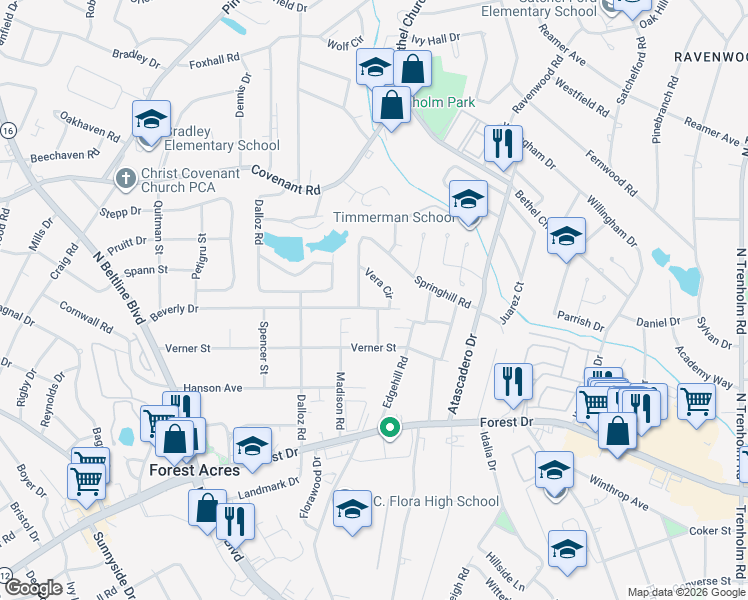 map of restaurants, bars, coffee shops, grocery stores, and more near 5 Vera Circle in Columbia