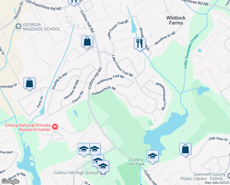 map of restaurants, bars, coffee shops, grocery stores, and more near 2530 Ashbourne Drive Northeast in Lawrenceville