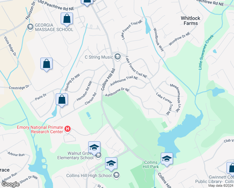 map of restaurants, bars, coffee shops, grocery stores, and more near 2600 Ashbourne Drive Northeast in Lawrenceville