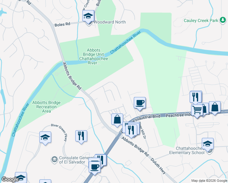 map of restaurants, bars, coffee shops, grocery stores, and more near 3049 Abbotts Oak Way in Duluth