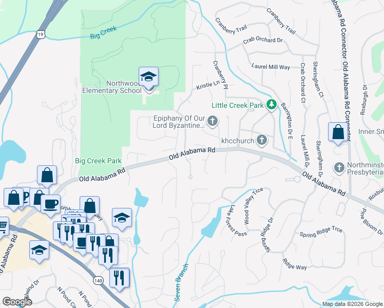 map of restaurants, bars, coffee shops, grocery stores, and more near 125 Stonewyck Place in Roswell