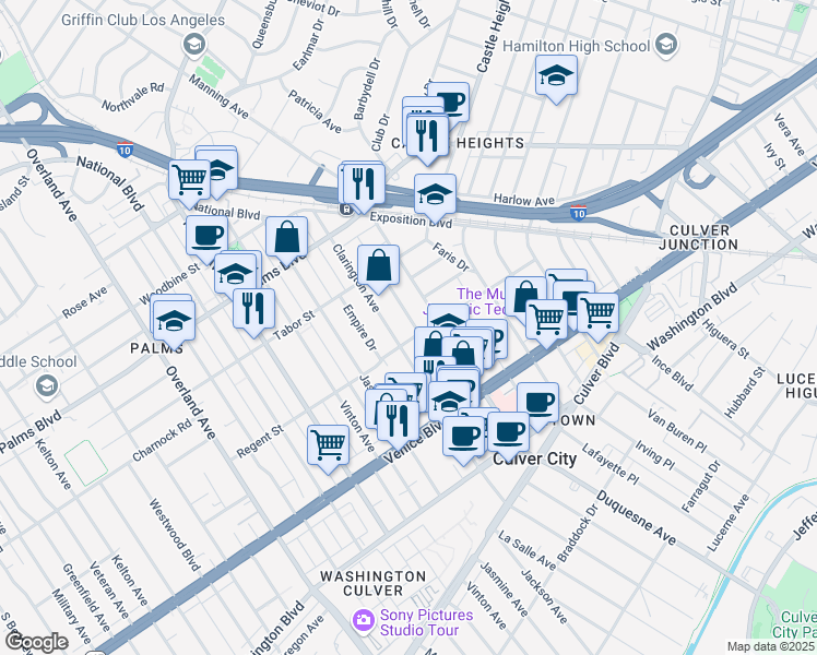 map of restaurants, bars, coffee shops, grocery stores, and more near 3675 Dunn Drive in Los Angeles