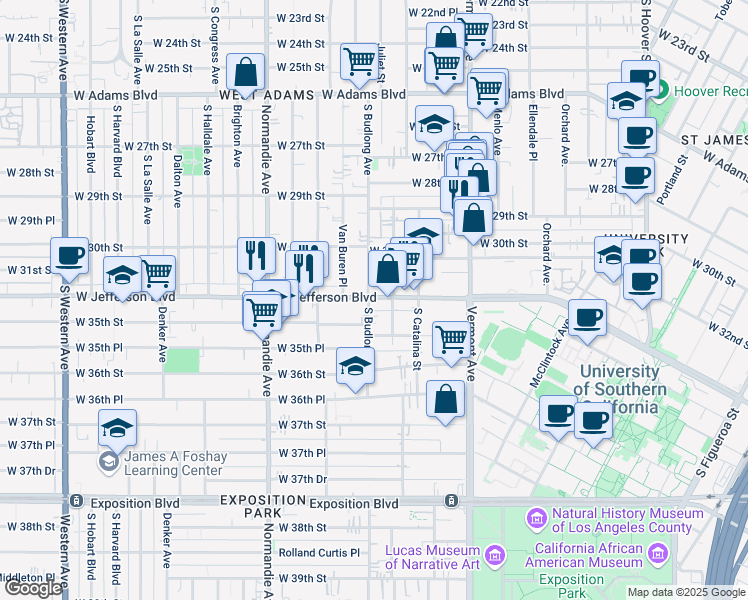 map of restaurants, bars, coffee shops, grocery stores, and more near 1338 West Jefferson Boulevard in Los Angeles