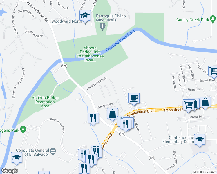 map of restaurants, bars, coffee shops, grocery stores, and more near 3049 Abbotts Oak Way in Duluth