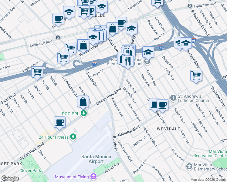 map of restaurants, bars, coffee shops, grocery stores, and more near 11817 Gateway Boulevard in Los Angeles