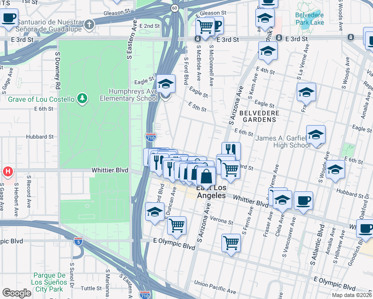 map of restaurants, bars, coffee shops, grocery stores, and more near 682 South Duncan Avenue in East Los Angeles