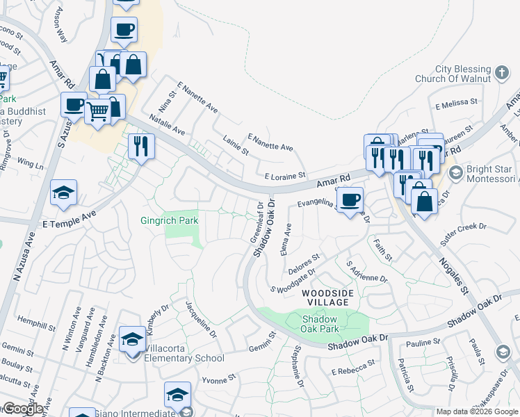 map of restaurants, bars, coffee shops, grocery stores, and more near 2609 Greenleaf Drive in West Covina
