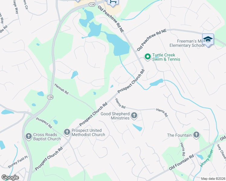 map of restaurants, bars, coffee shops, grocery stores, and more near 1802 Prospect Church Road in Lawrenceville