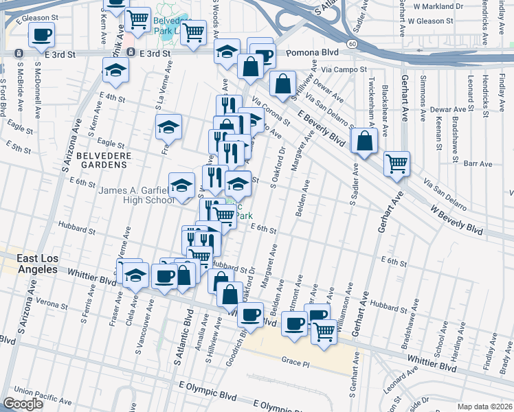 map of restaurants, bars, coffee shops, grocery stores, and more near 527 South Hillview Avenue in East Los Angeles