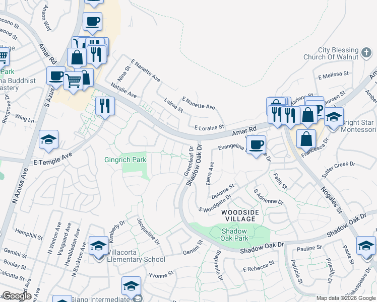 map of restaurants, bars, coffee shops, grocery stores, and more near 2609 Greenleaf Drive in West Covina