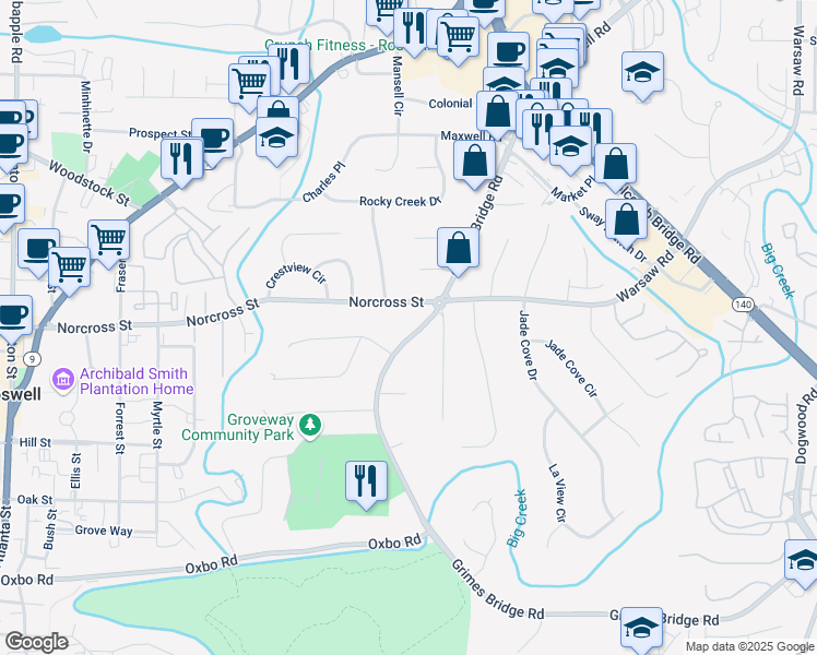 map of restaurants, bars, coffee shops, grocery stores, and more near 1000 Grimes Bridge Road in Roswell