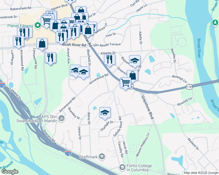 map of restaurants, bars, coffee shops, grocery stores, and more near 1128 Susan Road in Columbia
