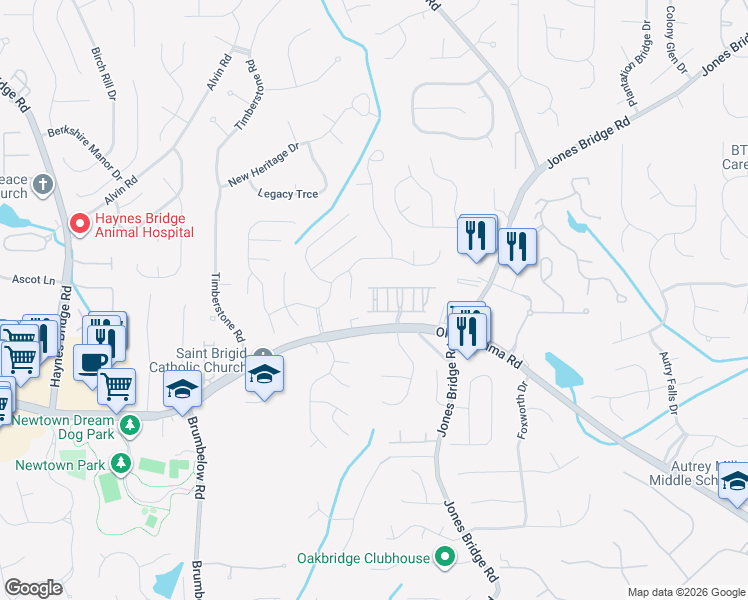 map of restaurants, bars, coffee shops, grocery stores, and more near Pistace Court in Alpharetta