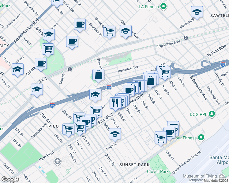 map of restaurants, bars, coffee shops, grocery stores, and more near 2022 Stewart Street in Santa Monica