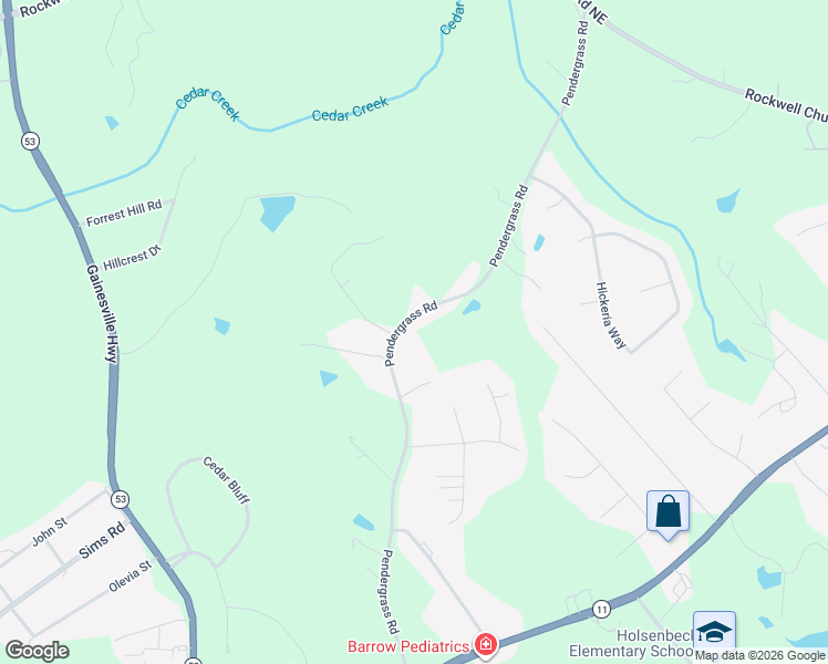 map of restaurants, bars, coffee shops, grocery stores, and more near 479 Pendergrass Road in Winder