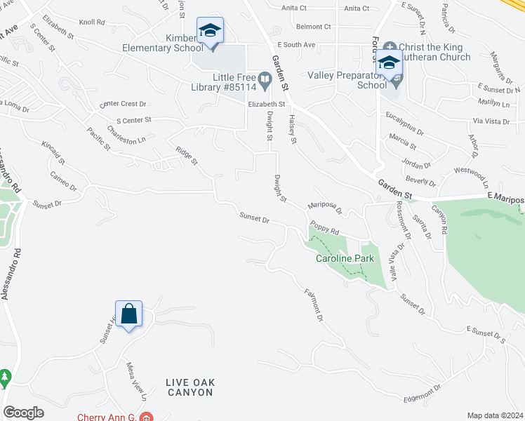 map of restaurants, bars, coffee shops, grocery stores, and more near 530 West Sunset Drive in Redlands