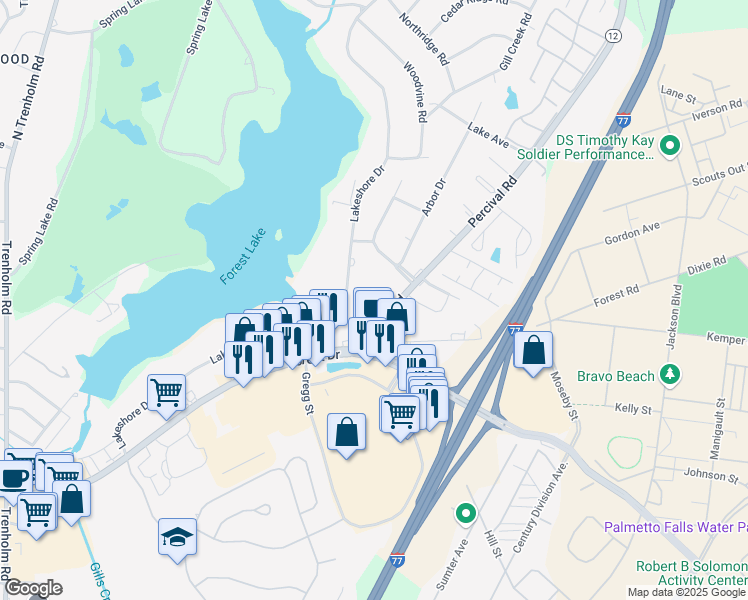 map of restaurants, bars, coffee shops, grocery stores, and more near 5526 Lakeshore Drive in Columbia