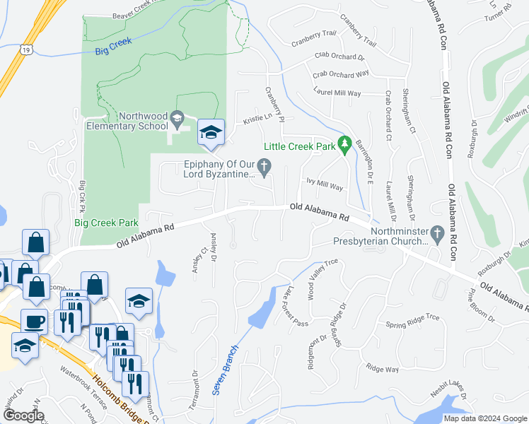 map of restaurants, bars, coffee shops, grocery stores, and more near 101 Weatherburne Drive in Roswell