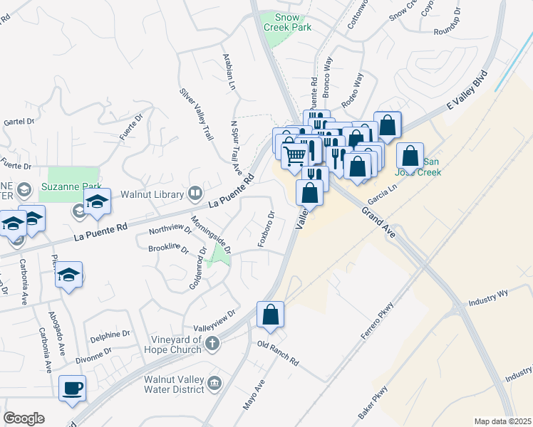 map of restaurants, bars, coffee shops, grocery stores, and more near 422 Foxboro Drive in Walnut