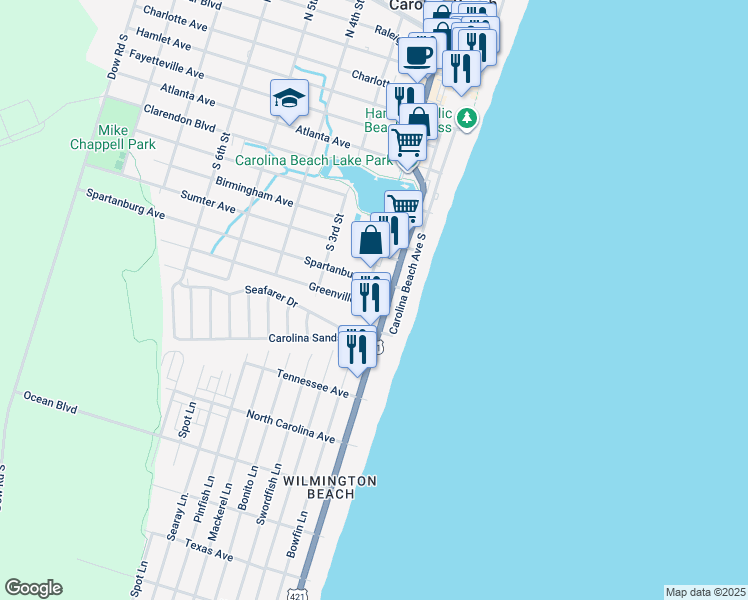 map of restaurants, bars, coffee shops, grocery stores, and more near 104 Greenville Avenue in Carolina Beach