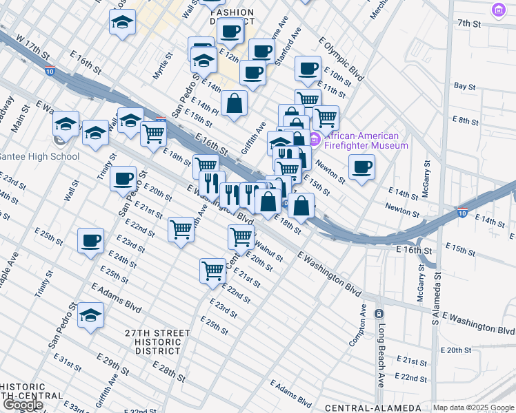 map of restaurants, bars, coffee shops, grocery stores, and more near 1101 East 18th Street in Los Angeles
