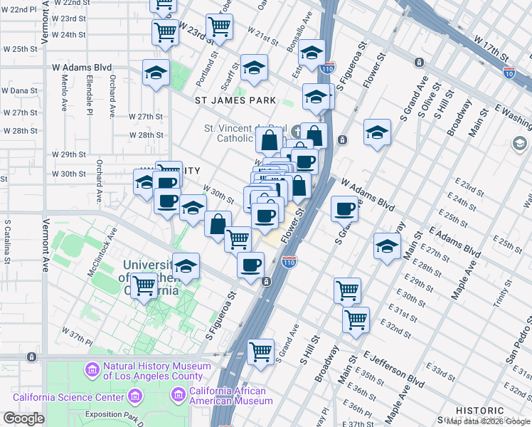 map of restaurants, bars, coffee shops, grocery stores, and more near 2929 South Figueroa Street in Los Angeles