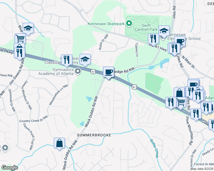 map of restaurants, bars, coffee shops, grocery stores, and more near 3211 Summer Stream Lane in Kennesaw