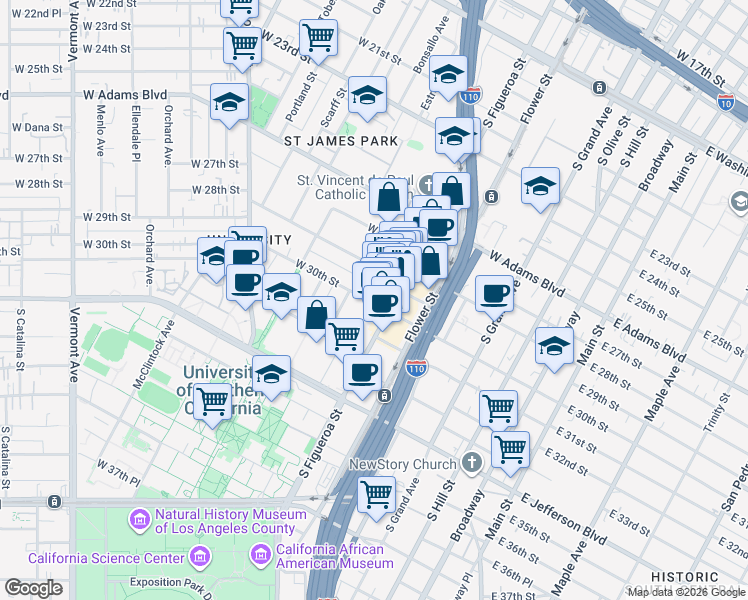 map of restaurants, bars, coffee shops, grocery stores, and more near 2811 South Figueroa Street in Los Angeles